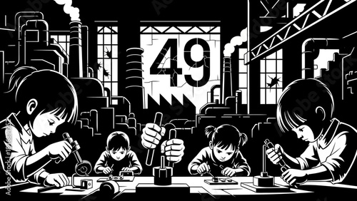 Children working industriously in a factory setting