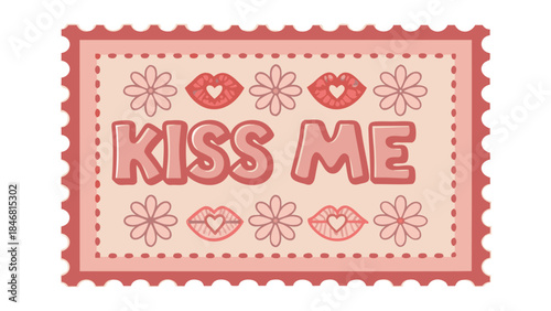 Retro floral stamp with simple daisy chain and kiss me text in pink and red hues on a white background