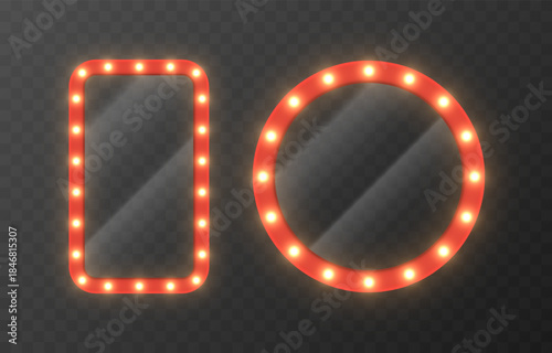 A set of glass or mirror with a red frame and light. Glass with light PNG. Glass with a red frame in a retro style. Circus glass.