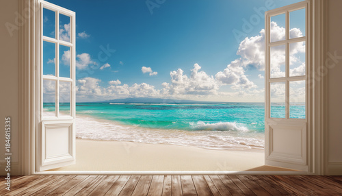Open white wooden doors revealing a sunny beach with golden sand and blue ocean.