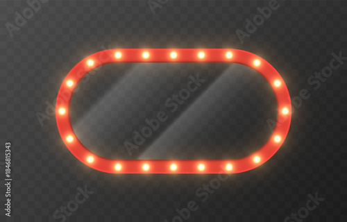 Oval glass or mirror with a red frame and light. Glass with light PNG. Glass with a red frame in a retro style. Circus glass.