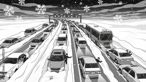 Cars stuck on snowy highway at night with snowflakes falling