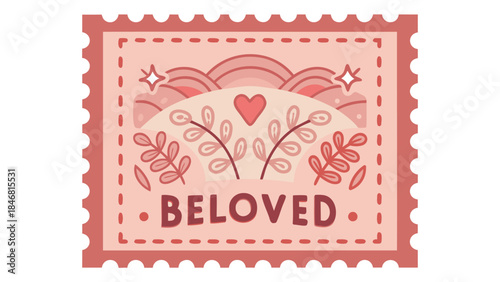 Retro minimal stamp featuring leaf clusters and beloved text on soft pink background