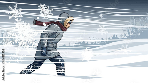 Person braving strong winter storm with snowflakes blowing