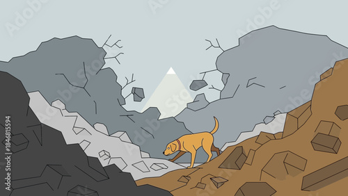 Dog explores rugged mountain landscape with rocky terrain