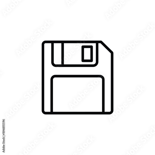 Simple black line art icon of a vintage floppy disk used for saving data
