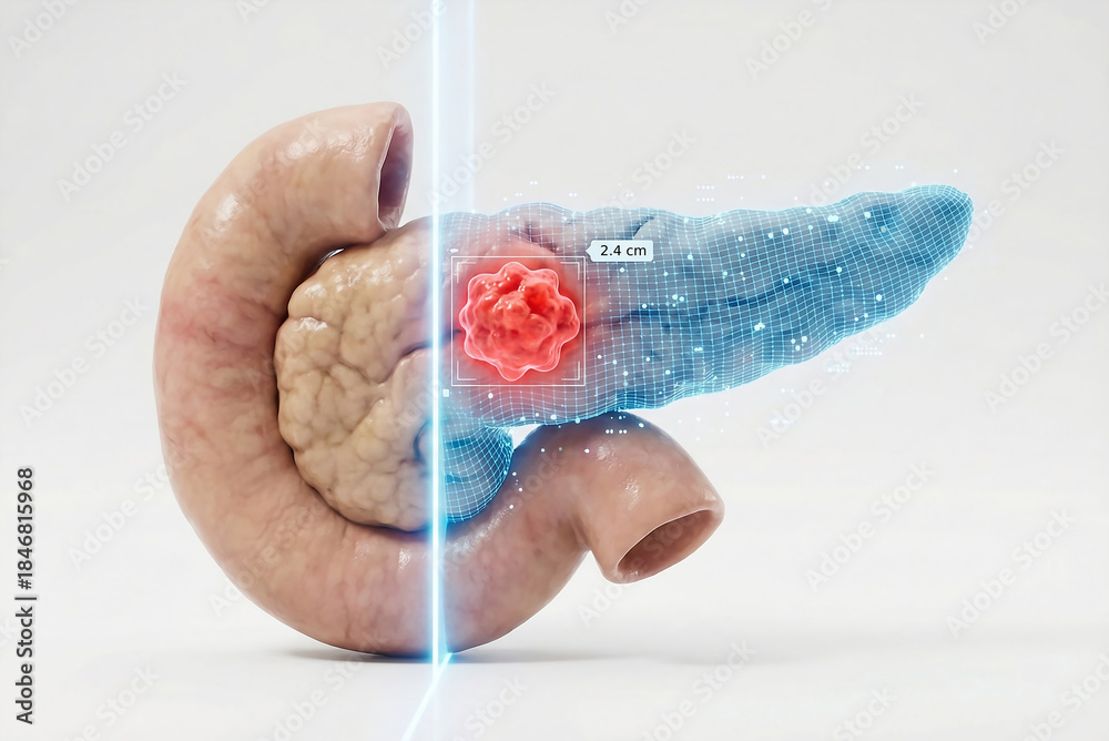 Fototapeta premium AI-Driven Pancreatic Tumor Segmentation: Biological to Digital Twin Transformation with Precise Measurement