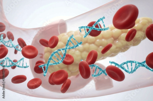 Pancreatic Cancer Liquid Biopsy: Glowing ctDNA Fragments Floating in the Bloodstream with Pancreas Background