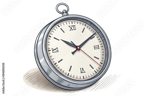 Isolated metal wall clock object on white background with black face minute second hour arrows in hand-drawn sketch art cartoon style suitable for office home watch symbol clip art 