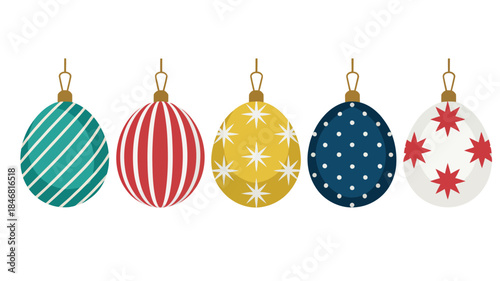 Christmas ornament baubles vector set, festive holiday decorations with striped star and polka dot patterns, elegant hanging glass balls for winter celebrations seasonal branding and greeting designs