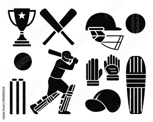 Cricket sport equipment icon set, professional match essentials, bats balls helmets pads gloves trophies, minimal black vector symbols for teams training tournaments branding