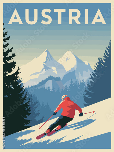 Austria alpine skiing travel poster featuring a downhill skier, snowy mountain landscape, evergreen forest silhouettes, and vintage-style winter sports tourism artwork, perfect for seasonal promotion