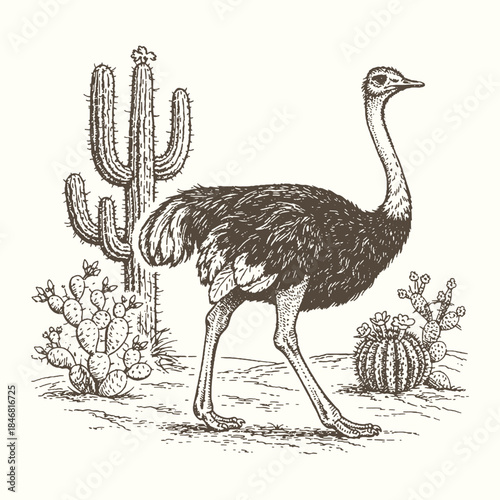 Ostrich in Desert Landscape Vector Illustration: Large Flightless Bird and Cactus Plants, Ideal for African Wildlife Themed Engraving Style Clipart.