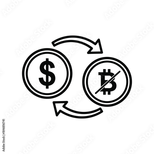 Vector illustration of dollar and bitcoin currency exchange or conversion concept with arrows