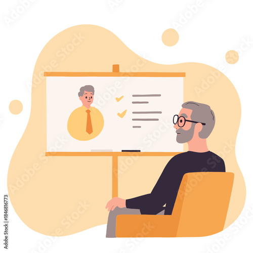 Elderly man attending lecture. Senior artist teaching class. Older man giving presentation. Elderly teacher sharing knowledge. Elderly set