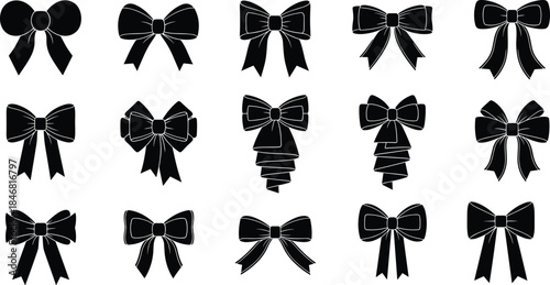 Collection of black ribbon bow silhouettes in various styles isolated on white background for decoration design use projects crafts graphics