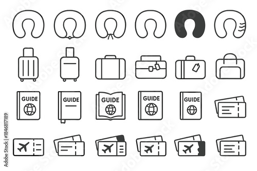Travel items for a journey including bags, neck pillows, guides, and tickets arranged in a grid pattern on a white background