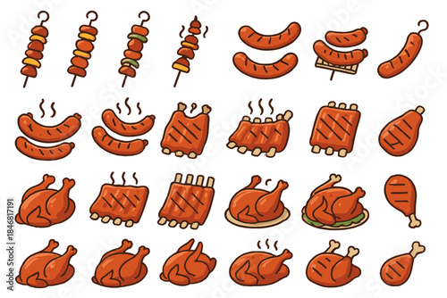 Various types of grilled meats and sausages displayed on a simple background for food illustration