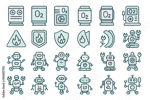 Various robot and safety icons displayed in a grid format for illustration and design purposes