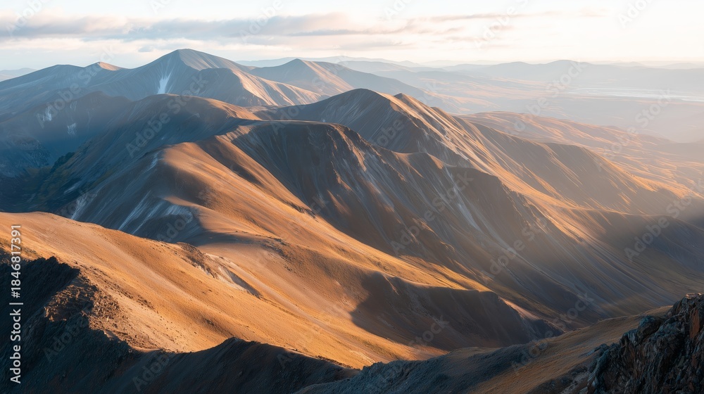 Naklejka premium Mountains under sunset light with large slopes and distant peaks