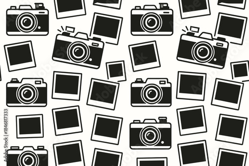 Various cameras and photo frames arranged in a pattern on a white background for a design project or creative work