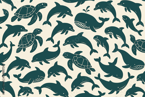 Colorful sea animal pattern with dolphins, whales, and turtles swimming in various positions on a light background