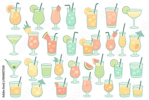 Many different drinks with straws and fruits in a variety of glasses placed on a flat surface in a colorful setting