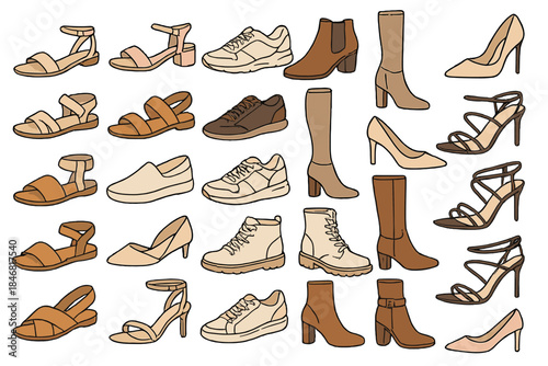 Different types of shoes arranged in neat rows on a white background showing various styles and designs suitable for different occasions