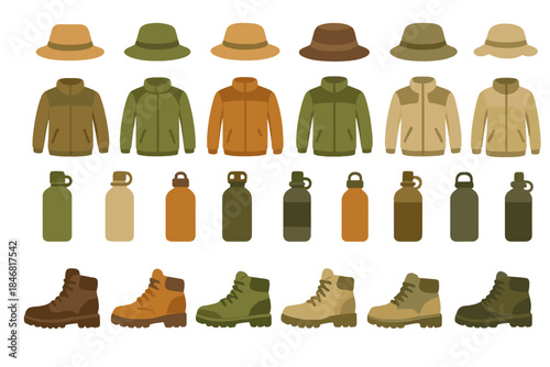 Camping gear collection showing hats, jackets, water bottles, and boots for outdoor activities in nature settings