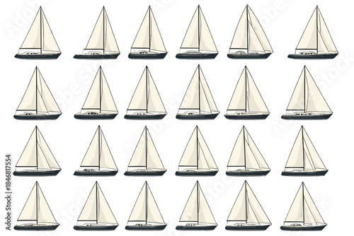 Sailboats with white sails on water in a pattern showing multiple distinct vessels in a repeated layout