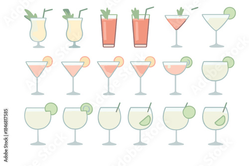 Various types of drinks are arranged in a grid showcasing cocktails and mixed beverages in a simple design