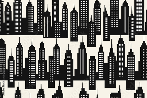 City skyline pattern with tall buildings and towers in black on light background