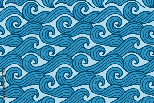 Pattern of waves in blue and light blue displayed across a flat surface in a repetitive design