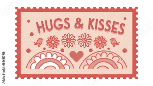 Vintage style nature themed postal stamp with blooming daisies and decorative elements in soft red hues