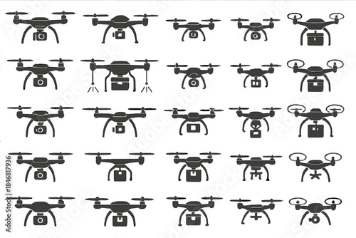 Different types of drones shown in a grid layout with various designs and features in a simple format