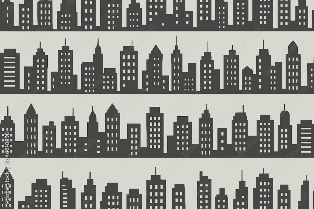 Fototapeta premium City skyline pattern with tall buildings in black silhouette on a light background