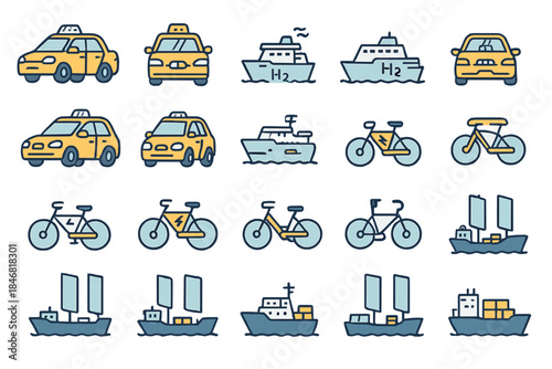 Different types of vehicles including cars, boats, and bicycles in a simple design showing transport options in urban and water settings