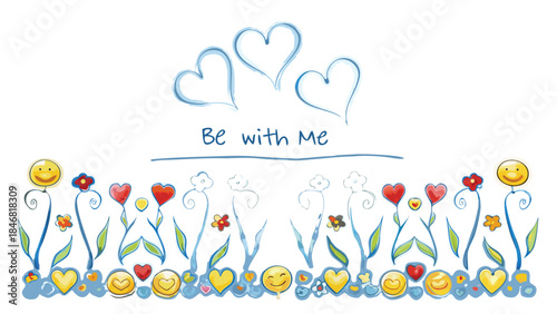Whimsical digital landscape with heart shaped flowers and be with me text illustration on white background