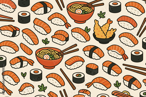 Various types of sushi, noodles, and tempura arranged in a colorful pattern on a light background