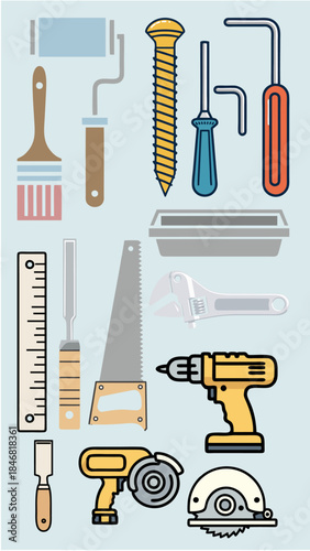 Complete set of hand tools and power tools illustration including screwdriver drill saw hammer wrench paint roller and construction equipment in flat vector style