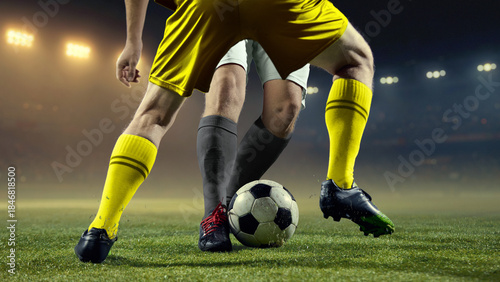 Cuadro en lienzo Close up football boots controlling ball during intense duel on wet pitch