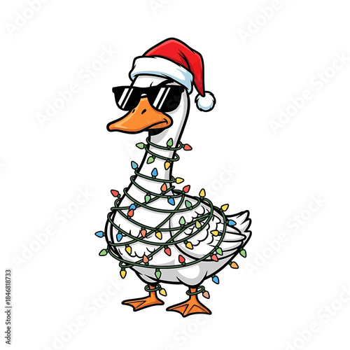 Funny Duck Wrapped in Christmas Lights – Cartoon Goose Wearing Santa Hat and Sunglasses Vector Illustration

