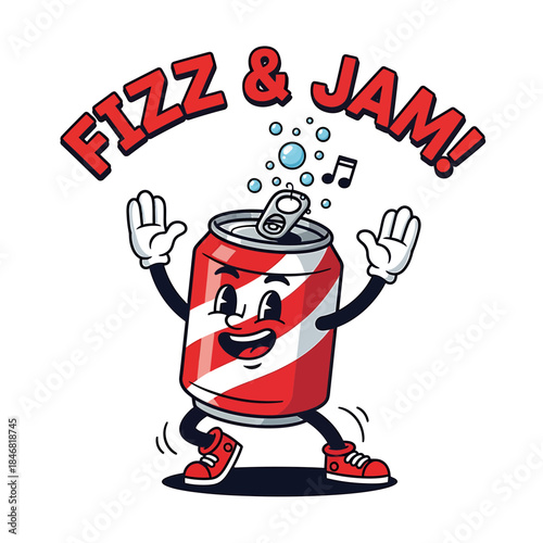 Cartoon Soda Can Mascot Vector – “Fizz & Jam” Energetic Soft Drink Character with Jumping Pose Illustration

