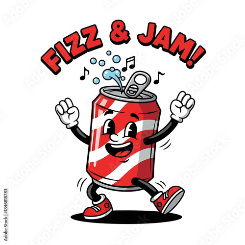 Cartoon Soda Can Mascot Vector – “Fizz & Jam” Energetic Soft Drink Character with Jumping Pose Illustration

