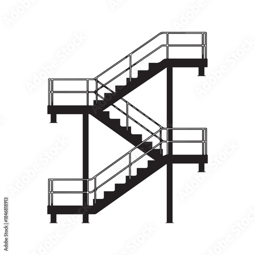 Vector illustration of a grey metal industrial staircase or fire escape with railings, steps, and landings, isolated on a white background for architectural and safety design.
