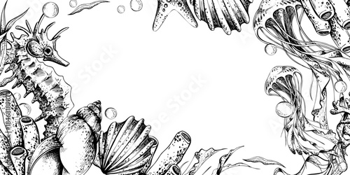Seahorse and jellyfish in an underwater world line art drawing, hand drawn illustration for marine life and ocean concept. Horizontal template frame outline graphic illustration