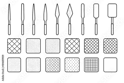 Variety of tools and patterns used in craft and design, displayed in a clear arrangement