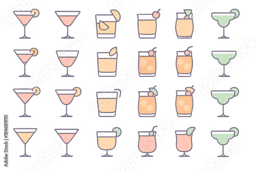 Various drink illustrations with different glass types and colorful designs for a beverage menu or event