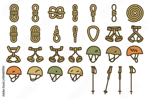 Different types of knots and climbing gear are shown on a white background for educational purposes in outdoor activities and sports