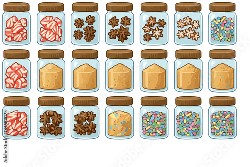 Various jars filled with colorful baking supplies on a white background for holiday treats